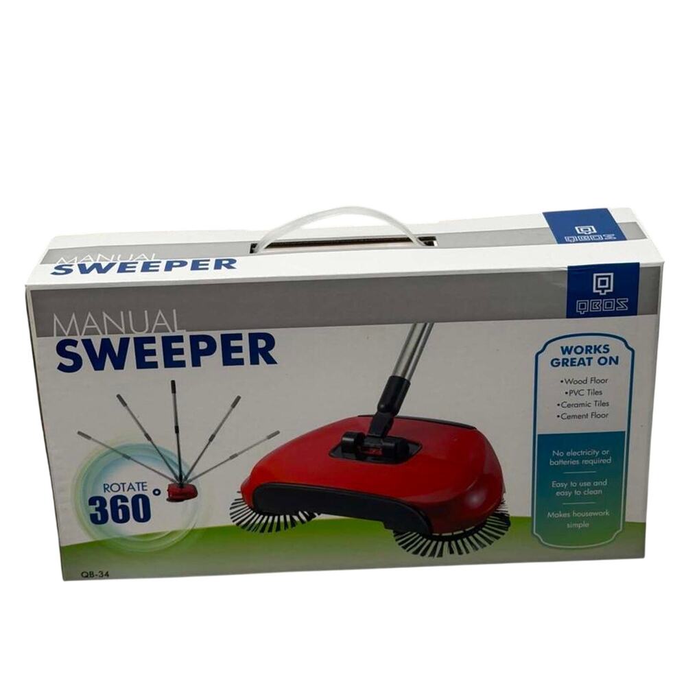 QEOS Manual Floor Sweeper 360 Rotating Cordless Carpet Hard Floor Cleaner New